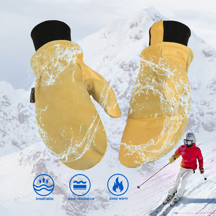 Winter Custom Men Women Warm Yellow Pigskin Leather Ski And Snow Snowboard Mittens Gloves Waterproof Manufacturer