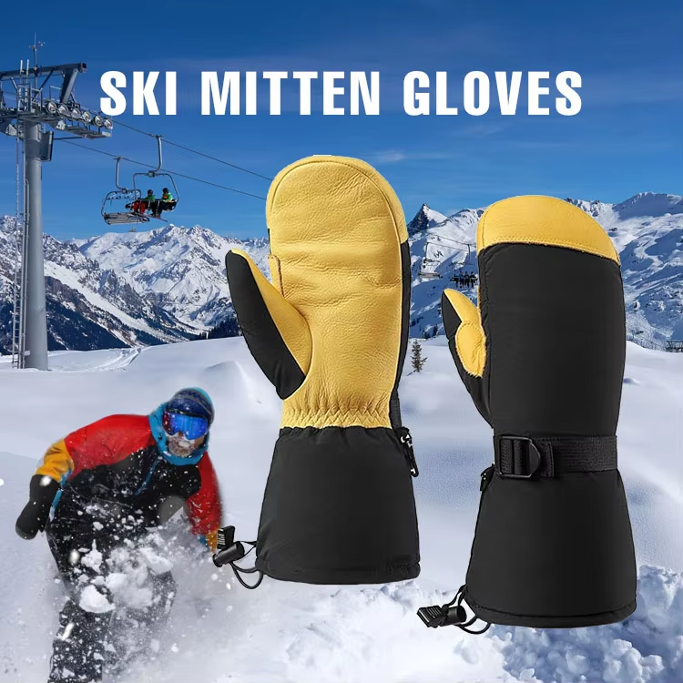 Black & Yellow Cowhide Ski Mittens, Long Cuff Waterproof Winter Snowboard Gloves