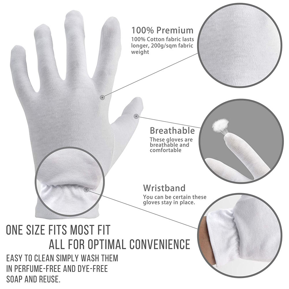 White Cotton Eczema Gloves with Elastic Wristband for Overnight Moisturizing Dry Hands Care