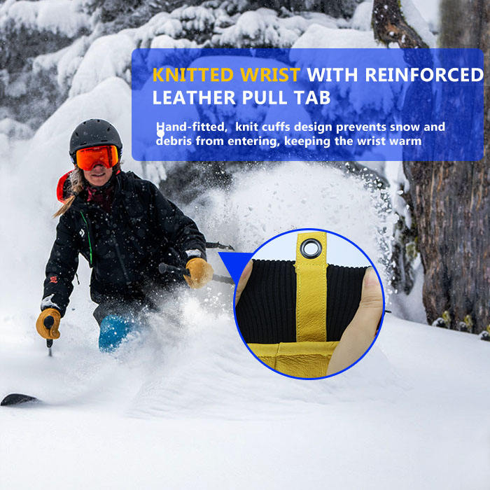 Yellow Pigskin Ski Gloves, Windproof & Warm for Outdoor Winter Sports