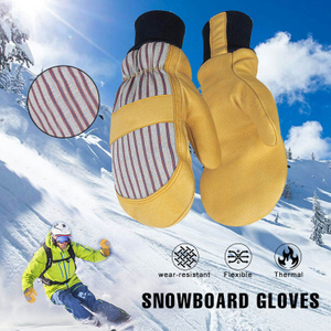 Yellow Pigskin Leather Snowboard Mittens, Waterproof & Windproof Winter Ski Gloves
