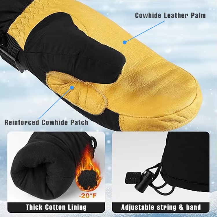 Black & Yellow Cowhide Ski Mittens, Long Cuff Waterproof Winter Snowboard Gloves