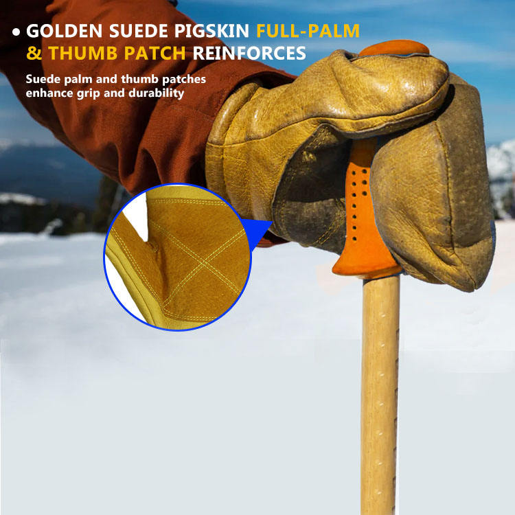 Yellow Pigskin Ski Gloves, Windproof & Warm for Outdoor Winter Sports