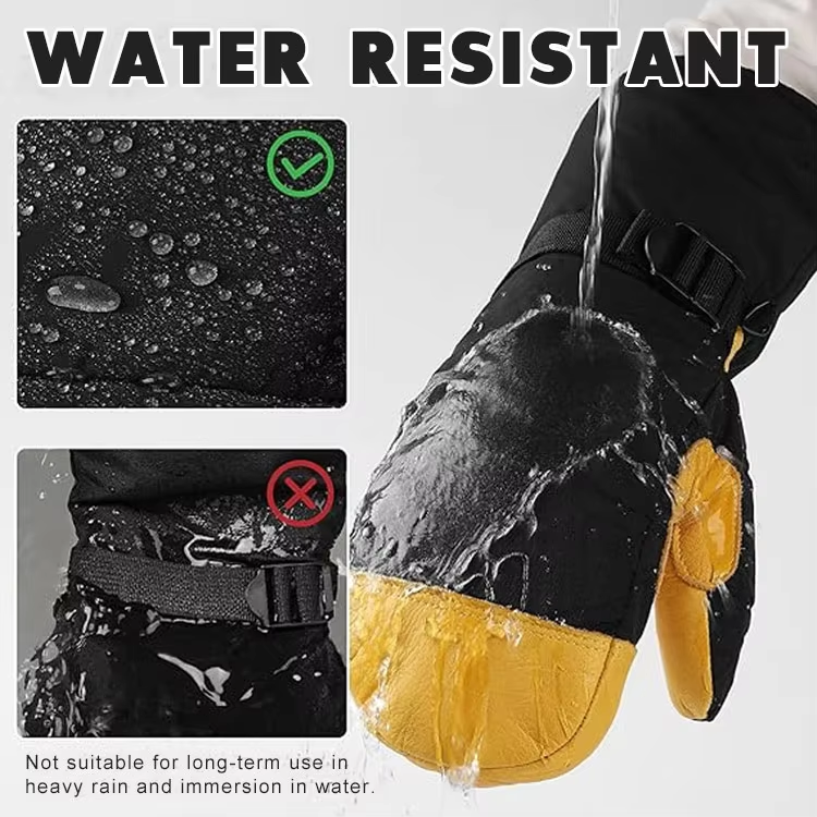 Black & Yellow Cowhide Ski Mittens, Long Cuff Waterproof Winter Snowboard Gloves