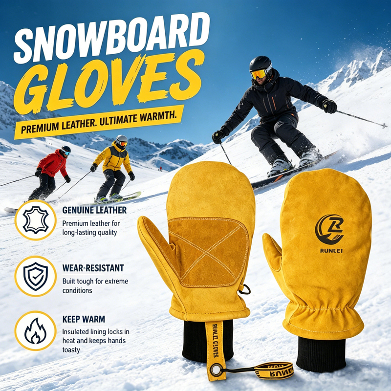 Yellow Pigskin Over-Mitten Ski Gloves Waterproof Warm Winter Leather Gloves for Snow Sports